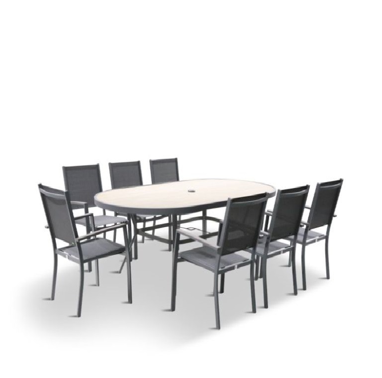 LeisureGrow Monza 8 Seat Set with Lazy Susan & Sling Armchairs