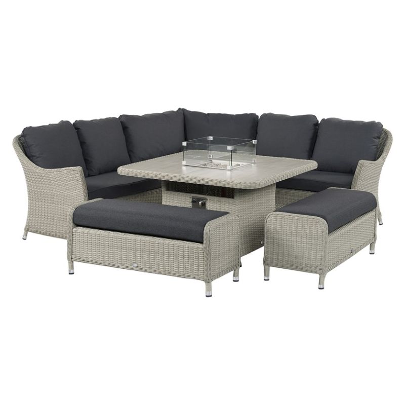 Bramblecrest Monterey Modular Sofa with Square Ceramic Dining Table with Firepit & 2 Benches - Dove Grey