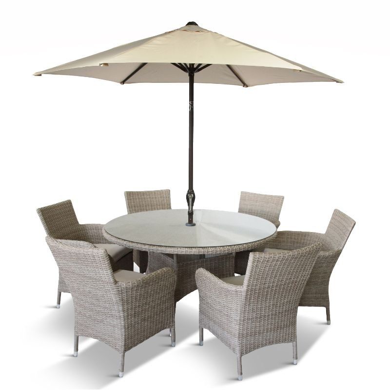 Leisuregrow Monaco Sand 6 Seat Dining Set with Weave Lazy Susan & 3m Parasol