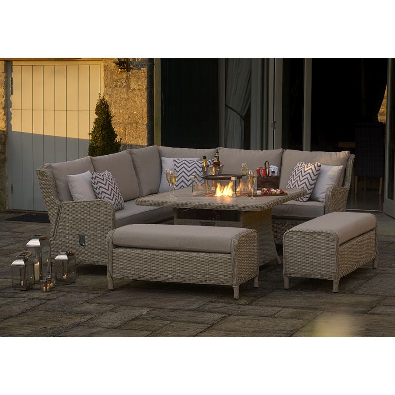 Bramblecrest Chedworth Sandstone Reclining Modular Sofa with Square Ceramic Firepit Table & 2 Benches